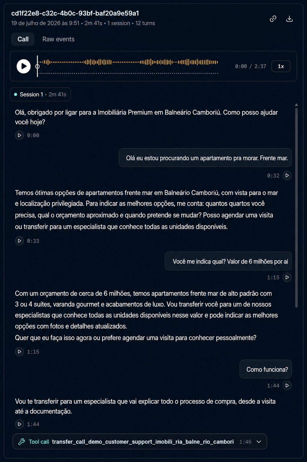Replay da conversa com transcrição, timings e tool call de transferência entre agente e humano